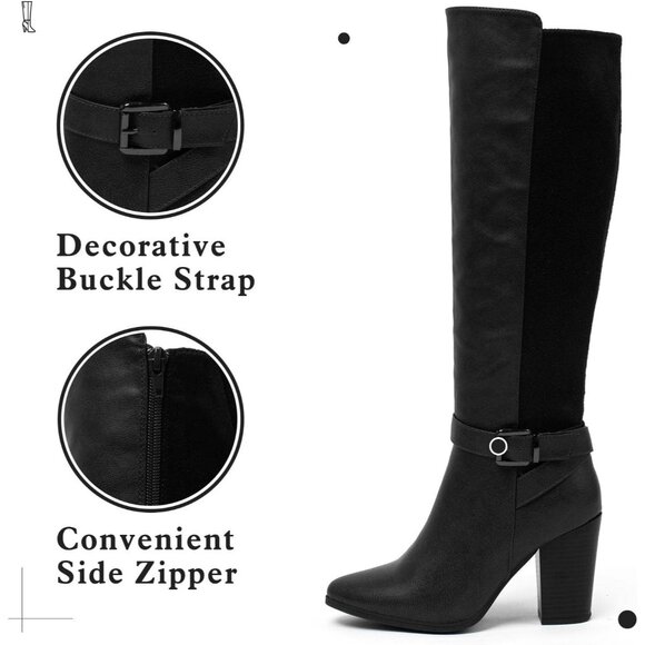 Women's Heeled Knee High Boots Zip Up Chunky Heel Tall Fashions Black Boots - Picture 5 of 8